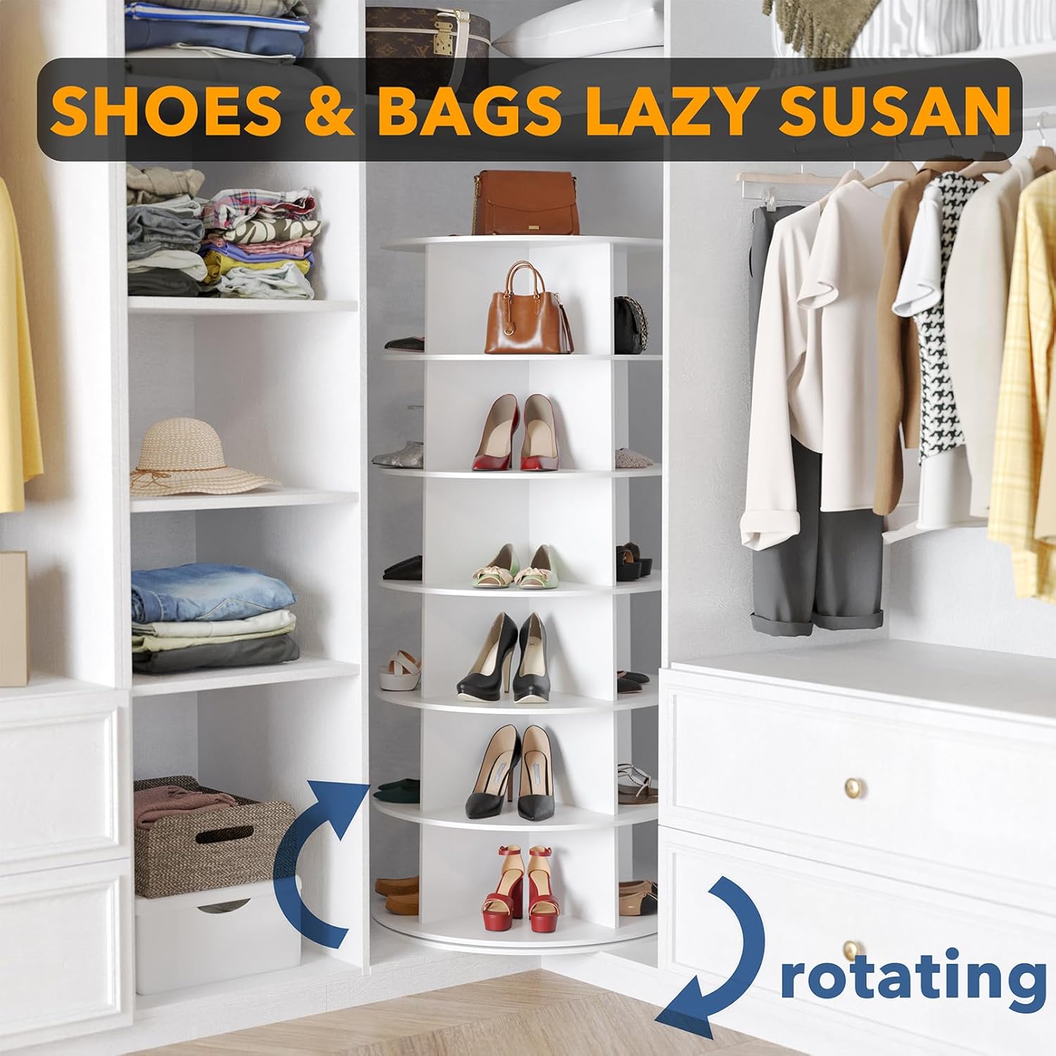 SpaceAid 6 Tier Rotating Shoe Rack Tower, Spinning Shoe Display Lazy Susan, Revolving 360 Shoe Rack Storage Round Carousel, Vertical Handbag Rotate Shoes Closet Organization (6-Tier White)
