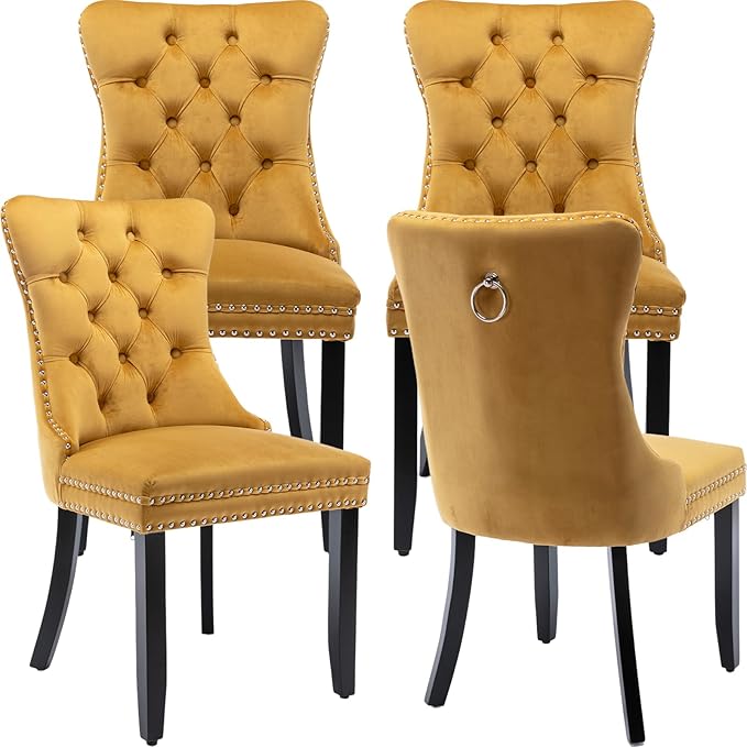 Modern Dining Chairs Set of 4, Tufted Upholstered Dining Chair with Solid Wood Legs, Yellow Velvet Accent Chair, Sillas de Comedor, 4 Dining Chairs (Gold, Velvet, 4Pcs)