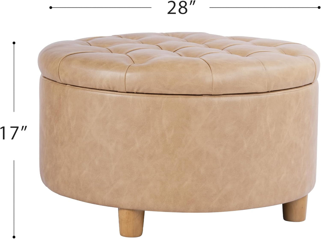 HomePop Home Decor | Button Round Storage Ottoman | Ottoman with Storage for Living Room & Bedroom, Light Camel Faux Leather