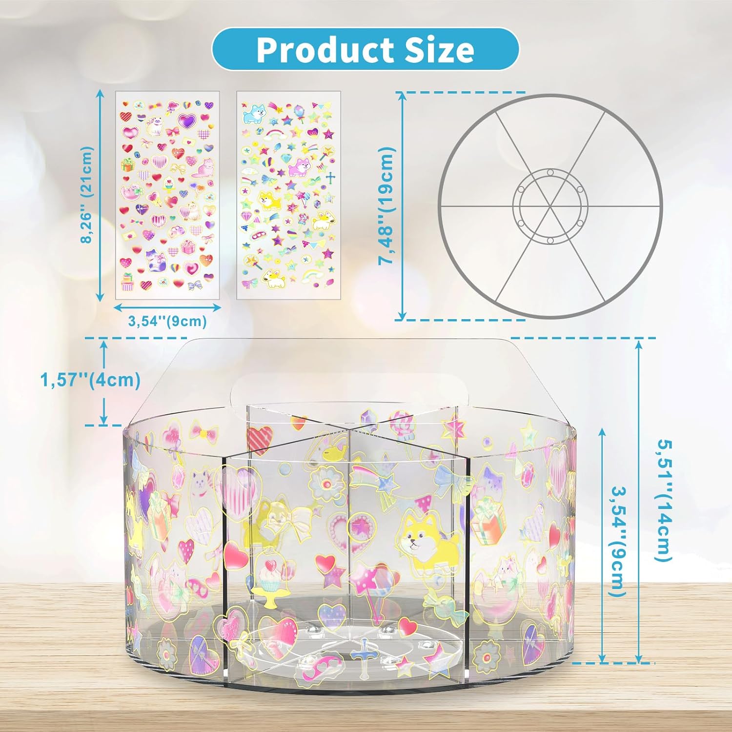 Acrylic Pen Holder with 2 Adhesive DIY Stickers, Desk Organizer Marker Holder with Cute Sticker, 360 Degree Office Supply Organizer Clear Pencil Holder Kid Art Supply Storage Organizer 6 Compartments