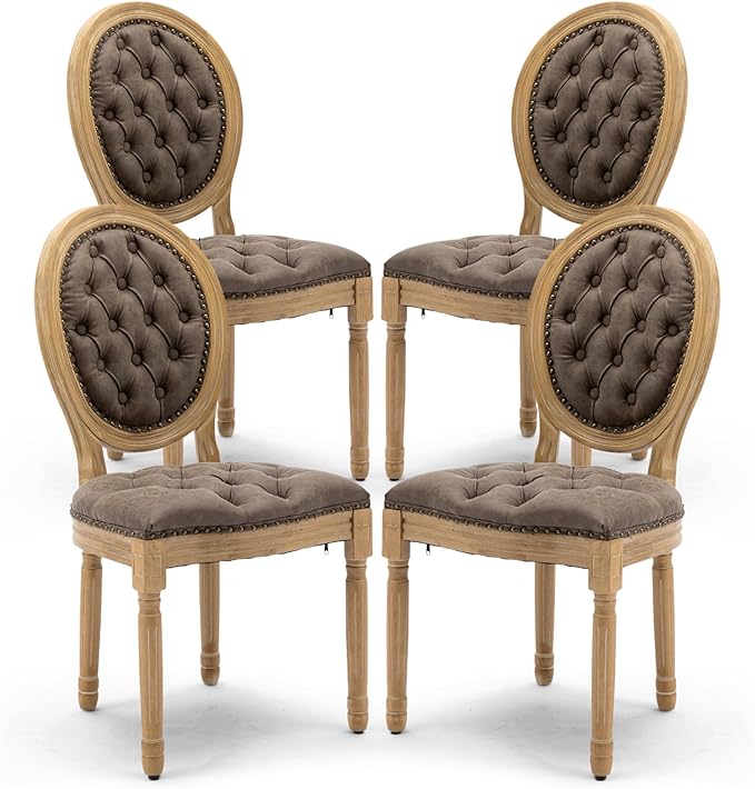 PU Leather Upholstered Dining Chairs Set of 4 French Country Round Back Kitchen Side Chairs with Nailhead Trim and Wood Legs for Dining Room, Kitchen, Restaurant(Brown)