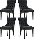 Modern Leisure Linen Dining Chairs Set of 4, Upholstered Dining Chair with Solid Wood Legs, Mid-Century Dining Room Chairs with Pull Ring and Tufted Backrest, Black