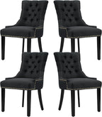 Modern Leisure Linen Dining Chairs Set of 4, Upholstered Dining Chair with Solid Wood Legs, Mid-Century Dining Room Chairs with Pull Ring and Tufted Backrest, Black