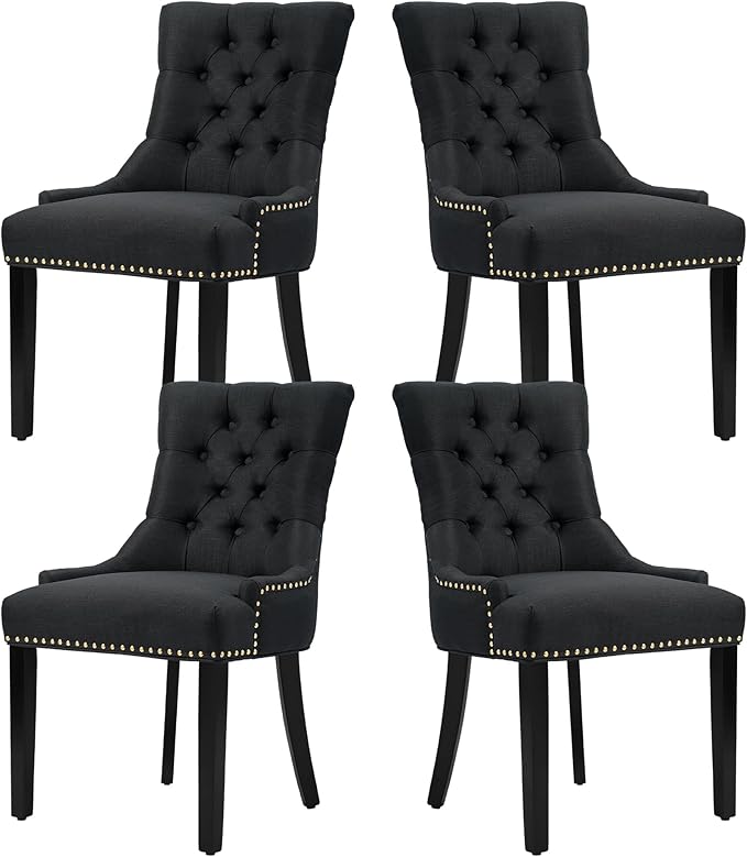 Modern Leisure Linen Dining Chairs Set of 4, Upholstered Dining Chair with Solid Wood Legs, Mid-Century Dining Room Chairs with Pull Ring and Tufted Backrest, Black