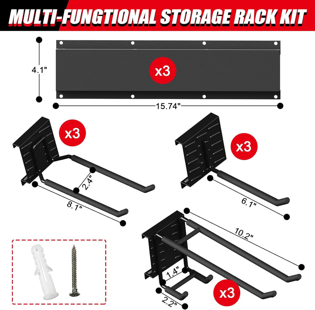 48 Inches Garage Organization,Wall Mount Garden Tool Organizer, 660lbs Adjustable Heavy Duty Metal Hanging Hooks, Garden Tool Hangers Storage Rack for Garage, Yard, and Shed (3 Racks, 9 Hooks)
