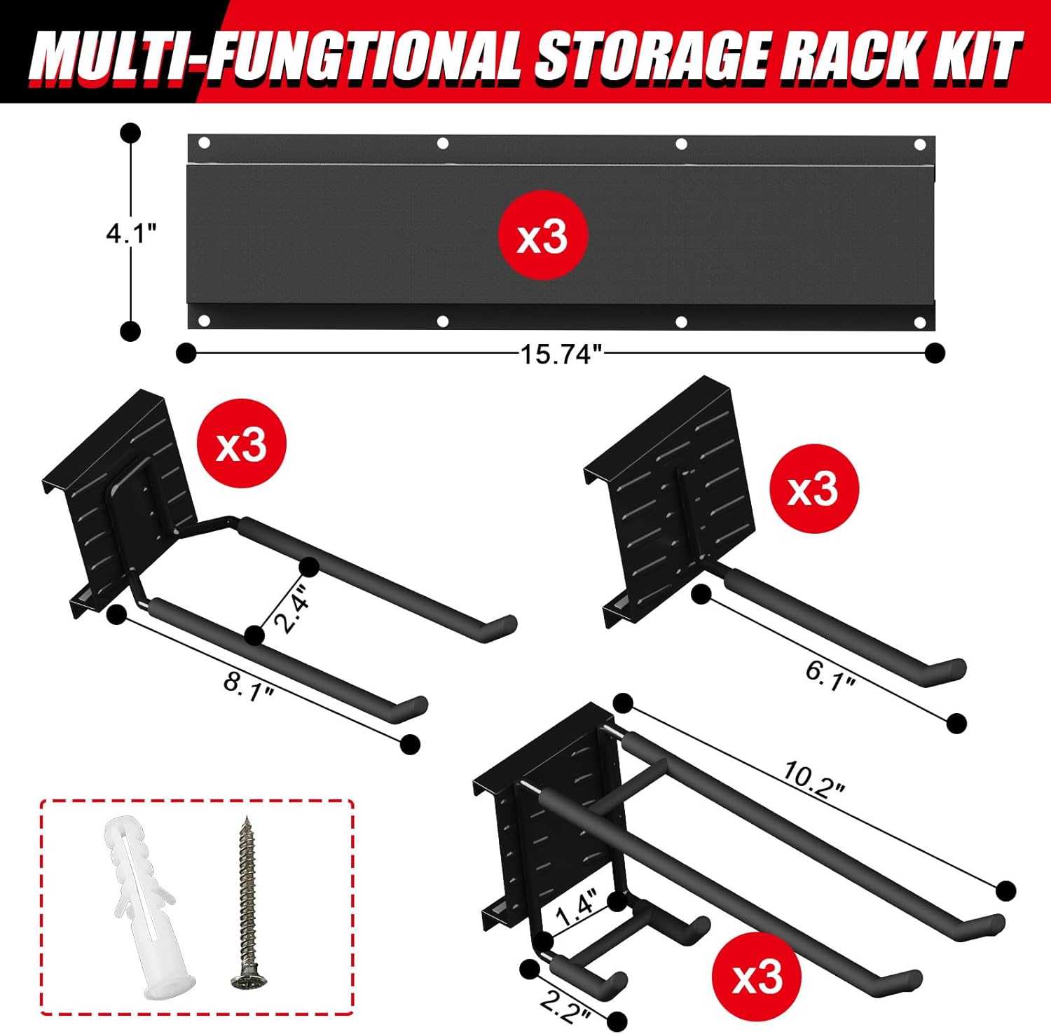 48 Inches Garage Organization,Wall Mount Garden Tool Organizer, 660lbs Adjustable Heavy Duty Metal Hanging Hooks, Garden Tool Hangers Storage Rack for Garage, Yard, and Shed (3 Racks, 9 Hooks)