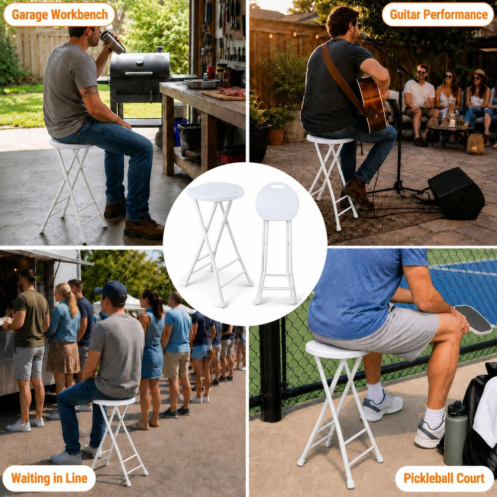 Folding Stool, White 24 Inch Foldable Bar Stool with Handle | Portable Seat, ...