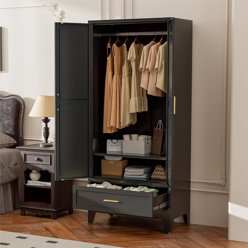 Black Metal Wardrobe Closet, Steel Armoire Wardrobe with Drawer Clothes Cabin...