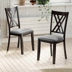 Giantex Wooden Dining Chairs Set of 2, Linen Fabric Upholstered Kitchen Chair w/Rubber Wood Frame, Wide Padded Seat, Curved Cross Back, Farmhouse Side Chairs for Living Room Restaurant, Dark Gray