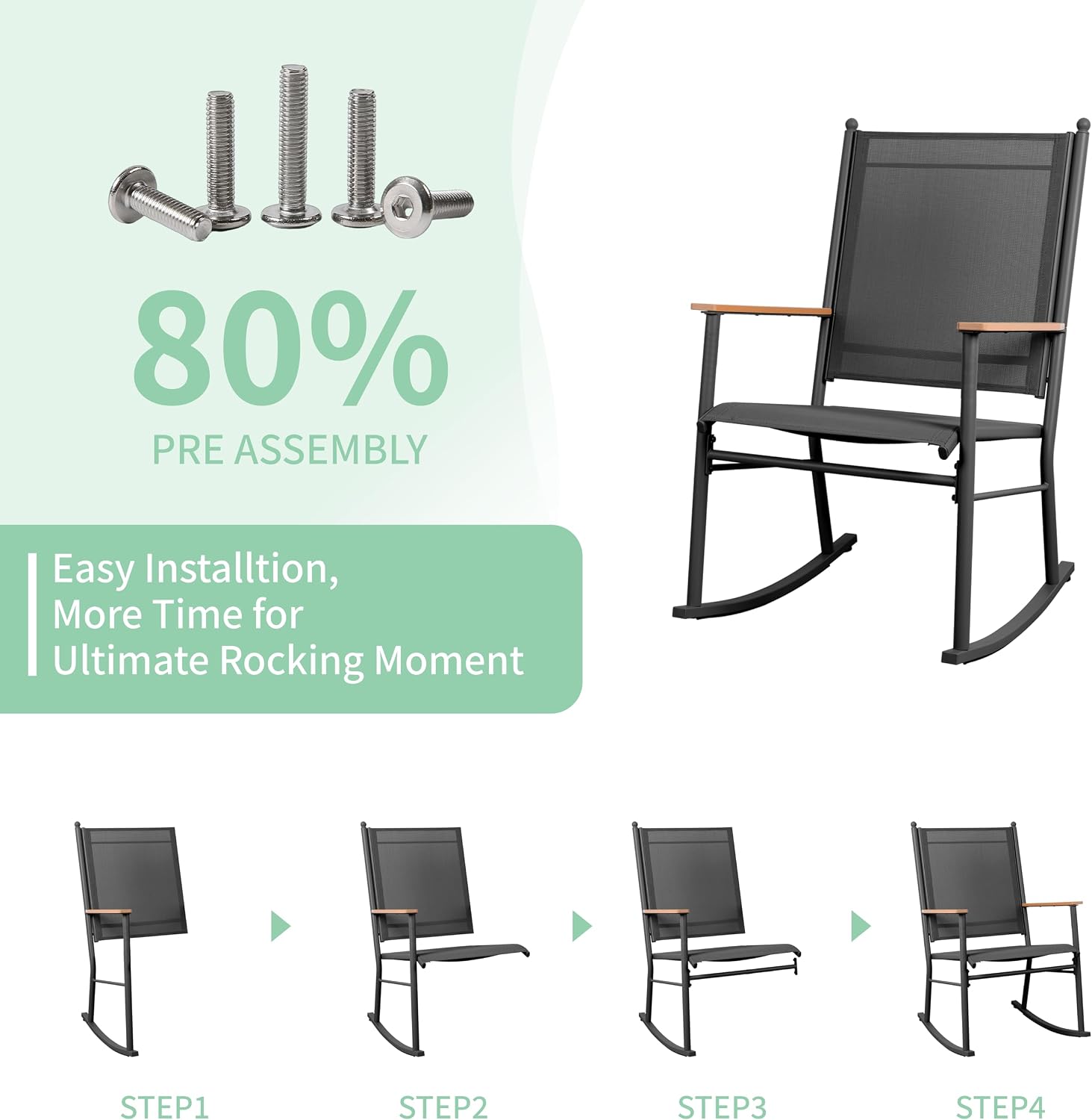 JY QAQA Outdoor Rocking Chair Set of 2, High Back All-Weather Patio Rocking Chairs with Breathable Back Rest for Adult, Ergonomic Design Porch Rocking Chairs for Porch, Garden, Balcony, Pool, Black