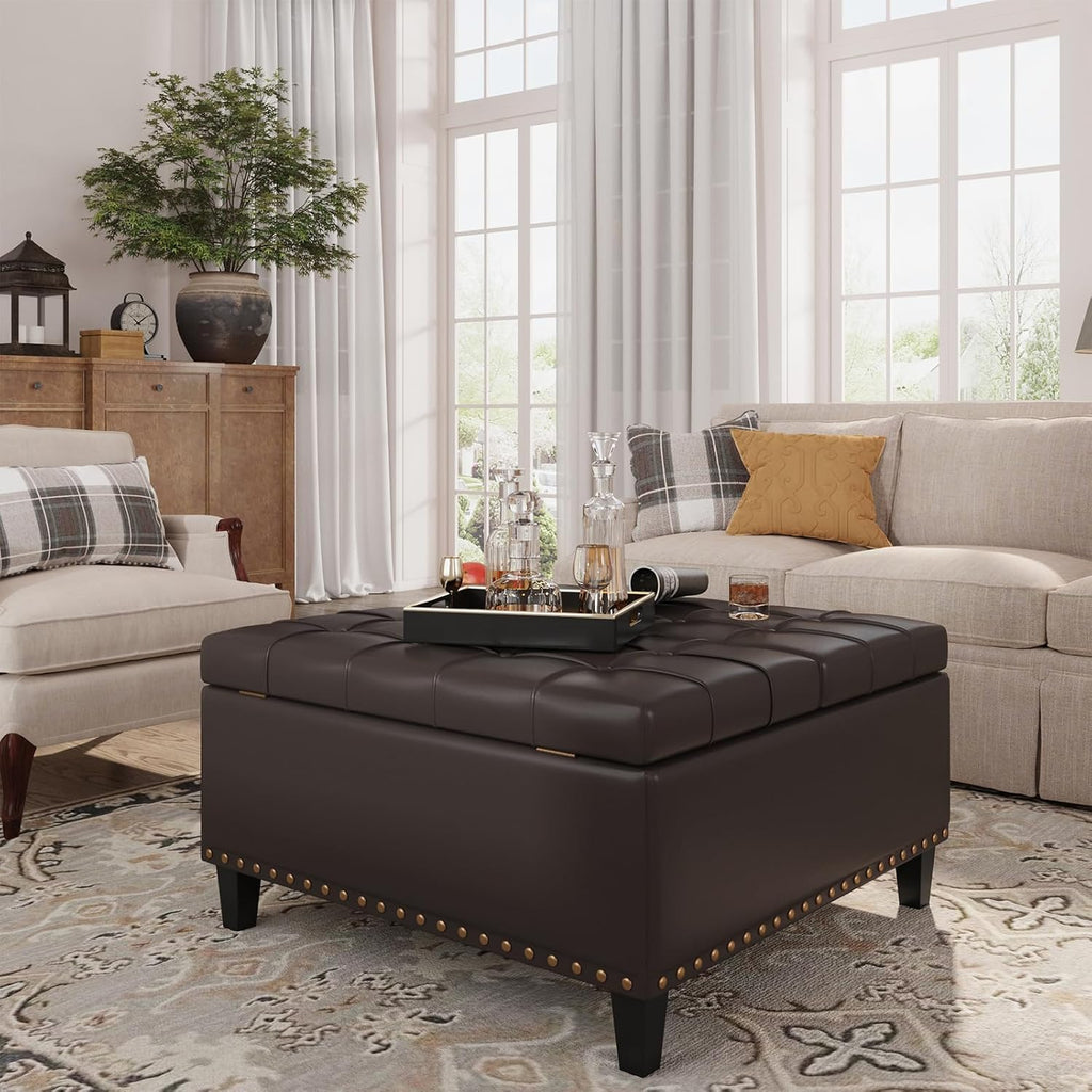 FiveWillowise 31.5 Inch Large Square Ottoman with Storage,Faux Leather | Coffee Table Storage Ottoman Bench with Lift Top Upholstered Footrest Stool Toy Box for Bedroom Living Room,Chocolate
