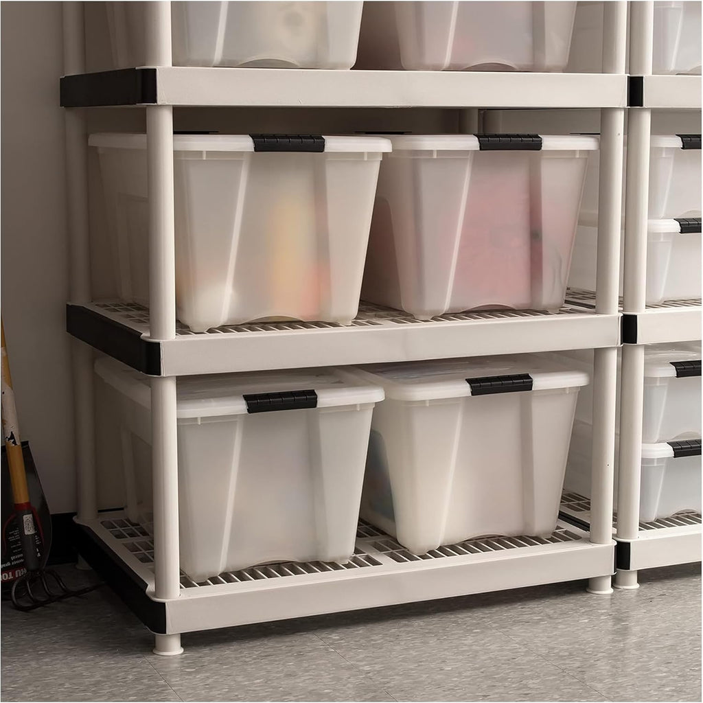 IRIS USA 54 QT Plastic Storage Box with Lid and Latches - 4 Pack - BPA-Free, Discreet Organizing Solution, Durable Nestable Stackable Containers, Secure Pull Handle - Pearl