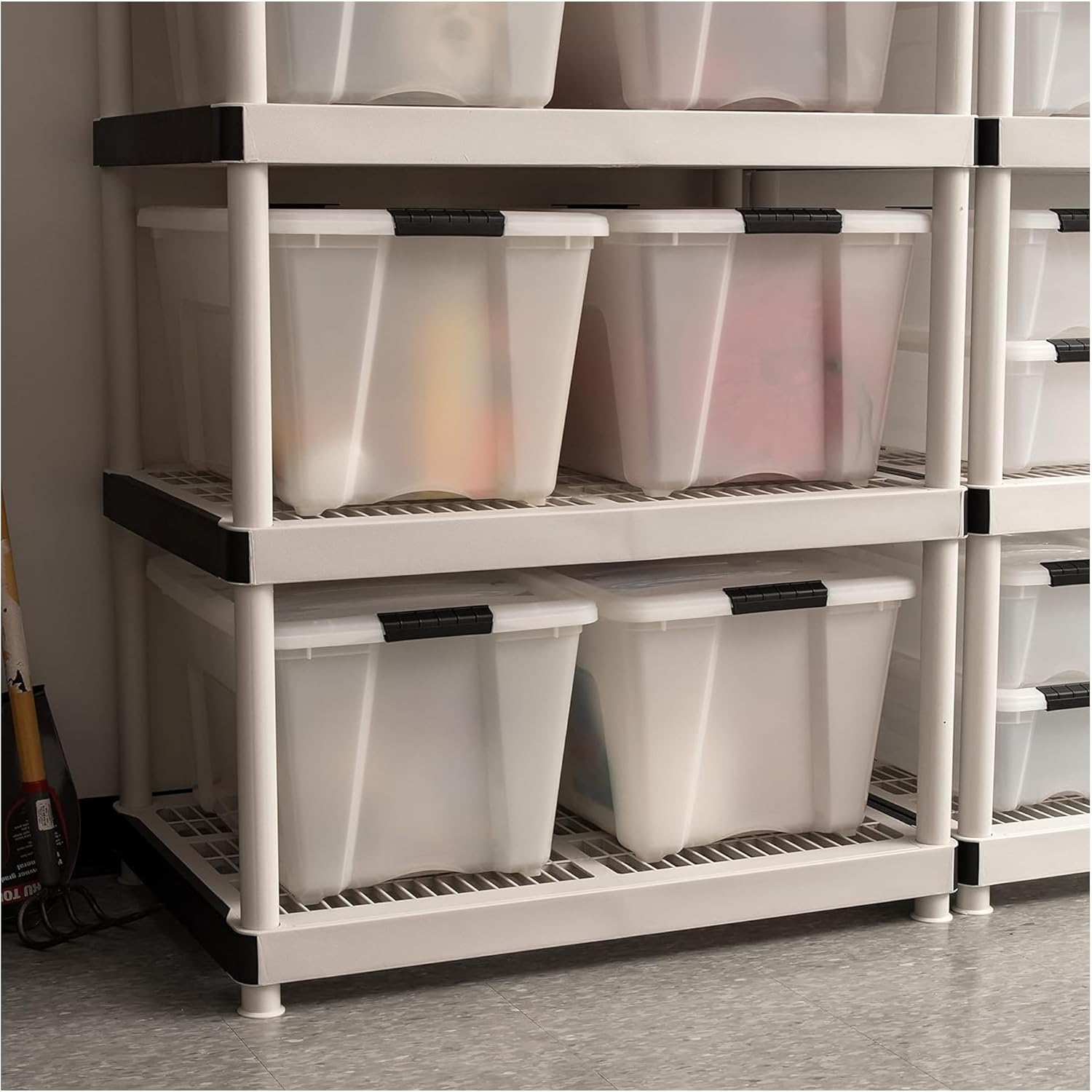 IRIS USA 54 QT Plastic Storage Box with Lid and Latches - 4 Pack - BPA-Free, Discreet Organizing Solution, Durable Nestable Stackable Containers, Secure Pull Handle - Pearl