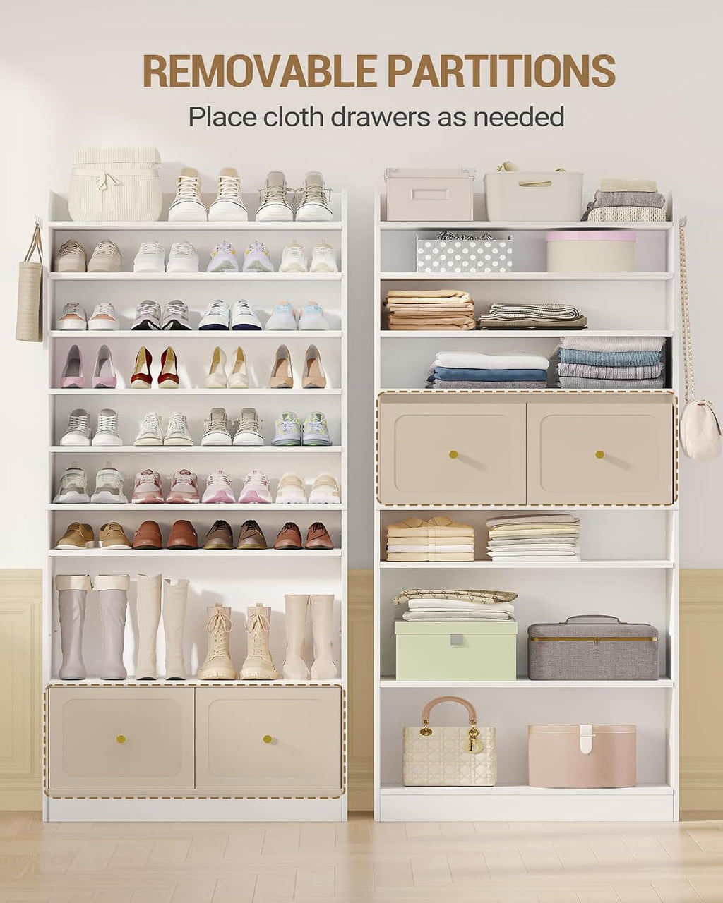 Hzuaneri Shoe Storage Cabinet, 10 Tiers Shoe Organizer with 2 Cloth Drawers | Wooden Freestanding Shoes Cabinet with 2 Hooks, 40-45 Pairs, Shoes Cubby Organizer for Entryway, White SR52903MI