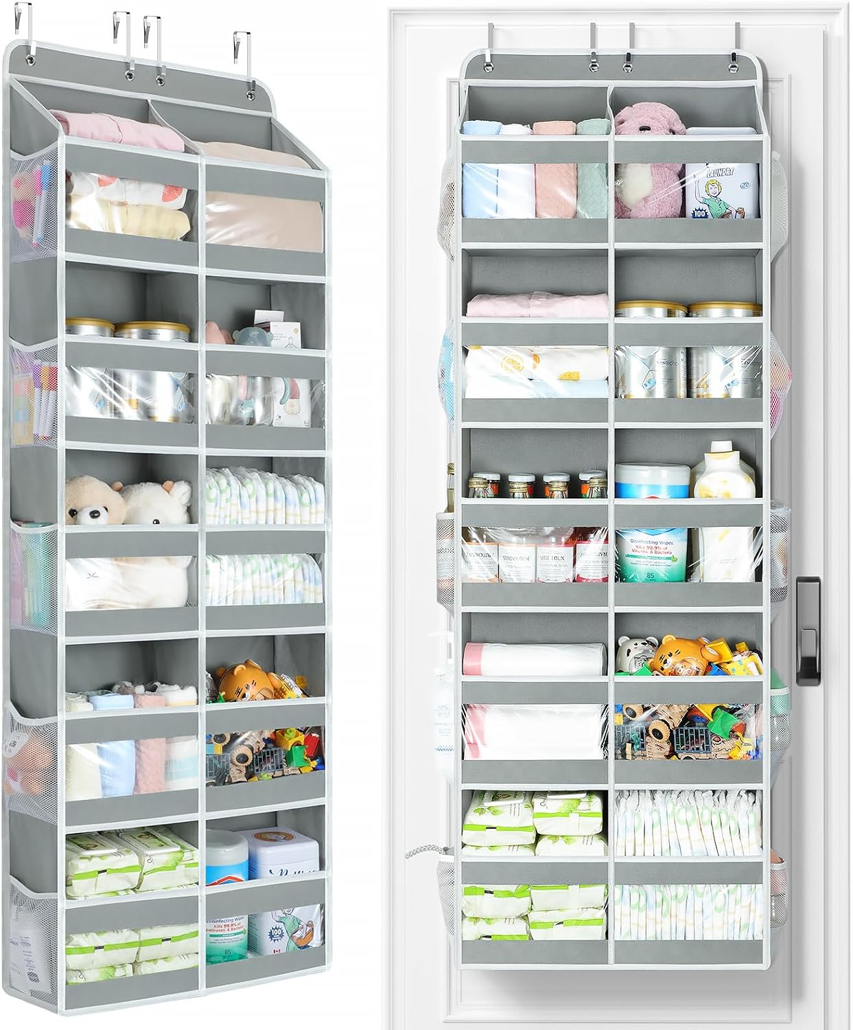 Yecaye 5-Tier Over The Door Organizer Dual-Column, 80lbs Load Over the Door Storage of 10 Compartments, Heavy Duty Door Organizer Hanging for Bedroom Closet Nursery Bathroom Pantry, Gray, 2 Pack