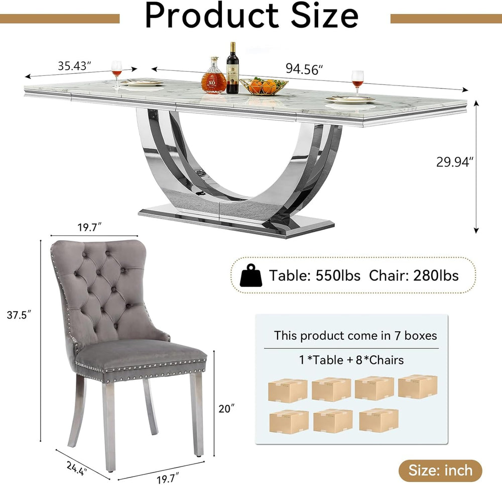 9-Piece Modern Dining Table Set with 8 Chairs, 94.5" Large Marble Kitche...