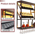 3 Tier Large Wine Rack Wall Mounted with Glass Holder, Black Modern Iron Liquor Shelf, 59.1 Inch Large Wine Bottle Display Shelf, for Kitchen Dining, Home Bar, Cellar (59.1" W)