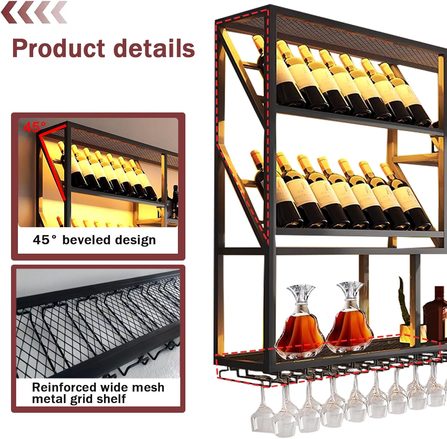 3 Tier Large Wine Rack Wall Mounted with Glass Holder, Black Modern Iron Liquor Shelf, 51.1 Inch Large Wine Bottle Display Shelf, for Kitchen Dining, Home Bar, Cellar (51.1" W)
