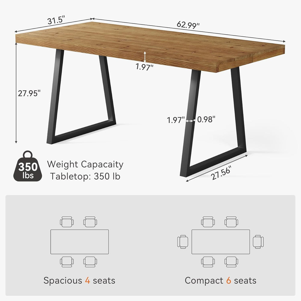 63" Industrial Dining Table for 4-6 People, Solid Wood Rectangular Kitch...
