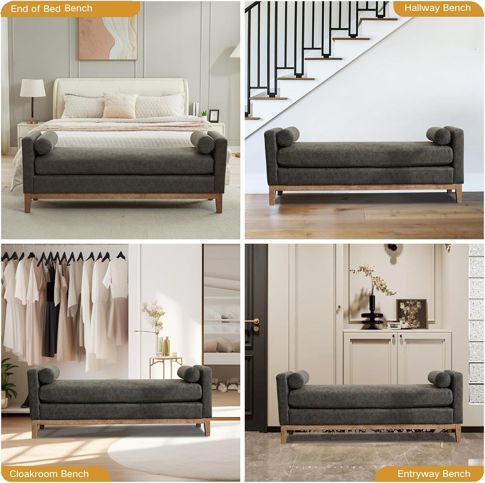 End of Bed Bench for Bedroom, 66.34'' Long King Size Vegan Leather Be...