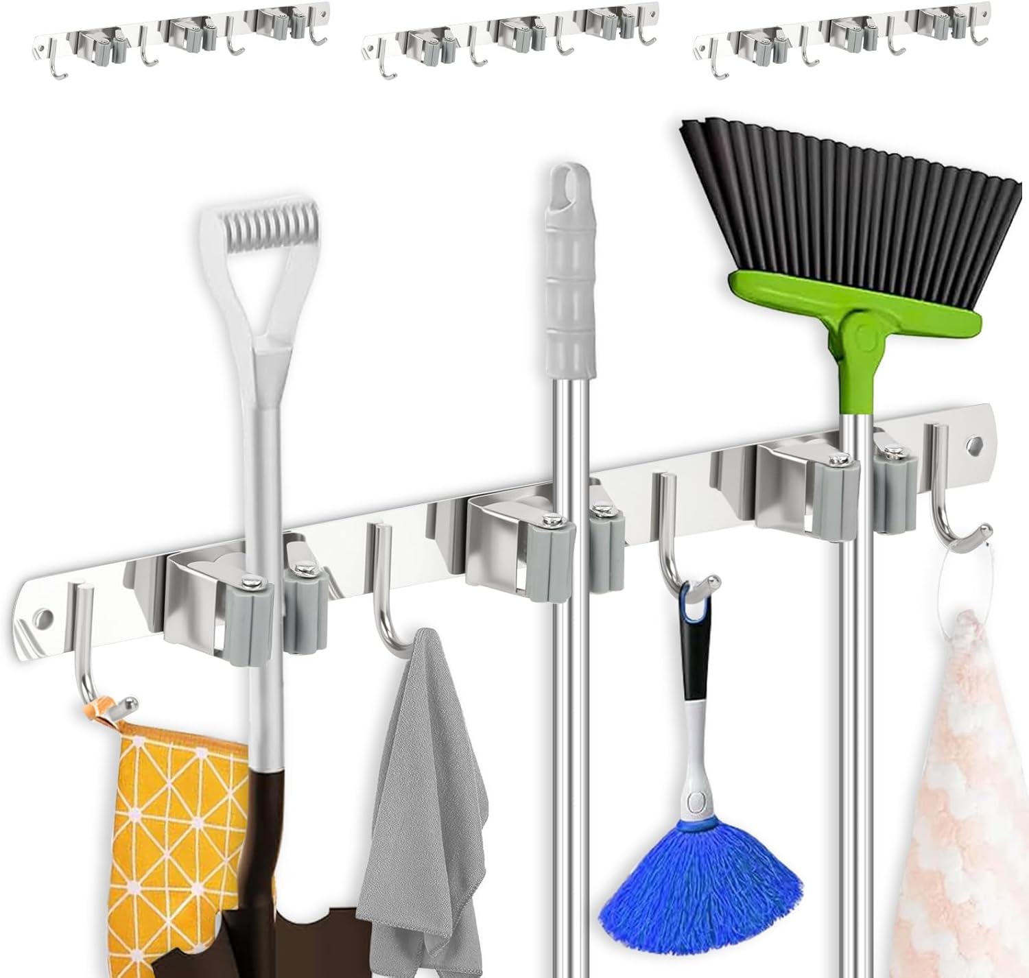 3 Pack Broom Holder Wall Mount 3 Racks 4 Hooks Stainless Steel Broom Mop Holder Anti Slip Storage Rack Strong Load Bearing Waterproof Broom and Mop Organizer Wall Hanging for Bathroom Kitchen Garage