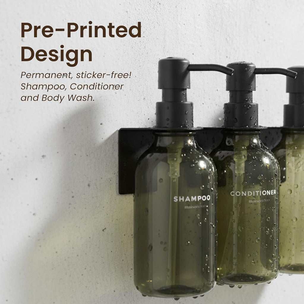 MaisoNovo Shampoo and Conditioner Dispenser - Shower Soap Dispenser Wall Mounted - 16.9 fl oz Set of 3 Green Plastic Bottles Black Pump - Shampoo Dispenser, Shower Dispenser