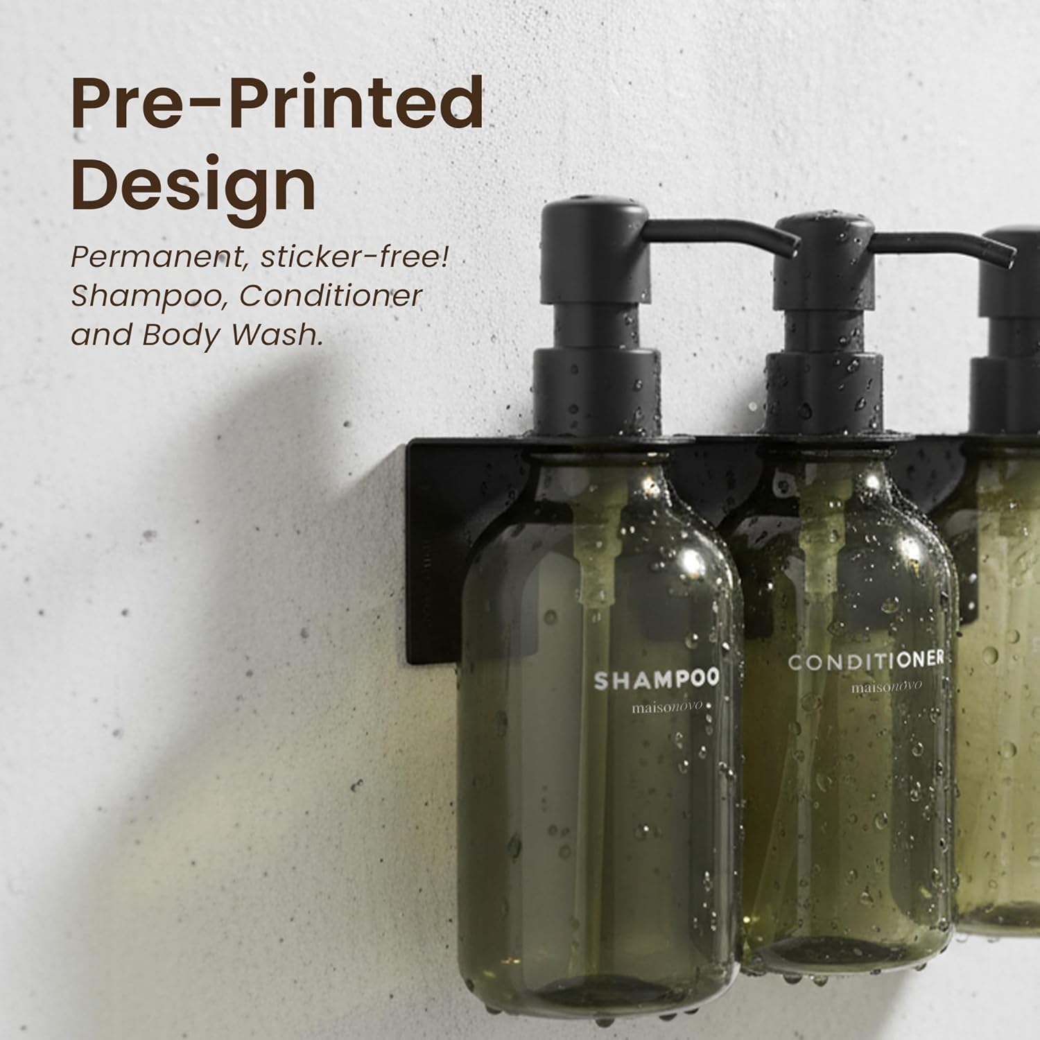 MaisoNovo Shampoo and Conditioner Dispenser - Shower Soap Dispenser Wall Mounted - 16.9 fl oz Set of 3 Green Plastic Bottles Black Pump - Shampoo Dispenser, Shower Dispenser