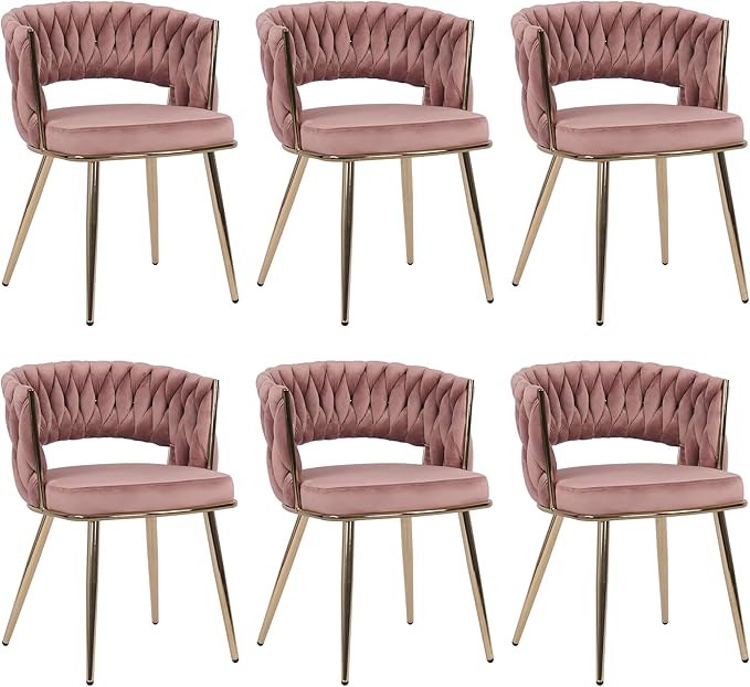 KCC Modern Velvet Dining Chairs Set of 6, Upholstered Living Room Chair with Woven Back and Golden Metal Legs, Mid-Century Accent Side Chair for Dining Room, Kitchen, Rose