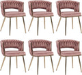 KCC Modern Velvet Dining Chairs Set of 6, Upholstered Living Room Chair with Woven Back and Golden Metal Legs, Mid-Century Accent Side Chair for Dining Room, Kitchen, Rose