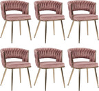 KCC Modern Velvet Dining Chairs Set of 6, Upholstered Living Room Chair with Woven Back and Golden Metal Legs, Mid-Century Accent Side Chair for Dining Room, Kitchen, Rose