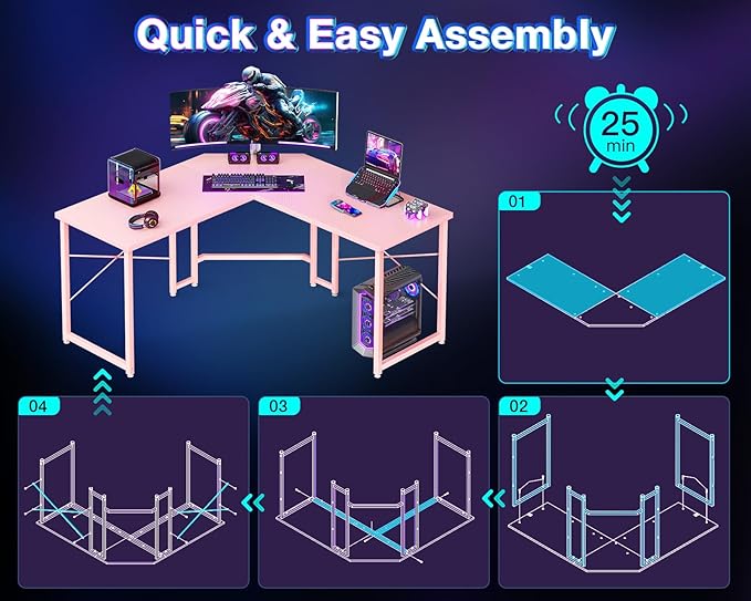 Casaottima L Shaped Gaming Desk, Corner Desk Gaming Table for Home Office, Computer Desk Sturdy Writing Workstation for Small Space, Easy to Assemble, 51 inch, Carbon Fiber Surface, Pink