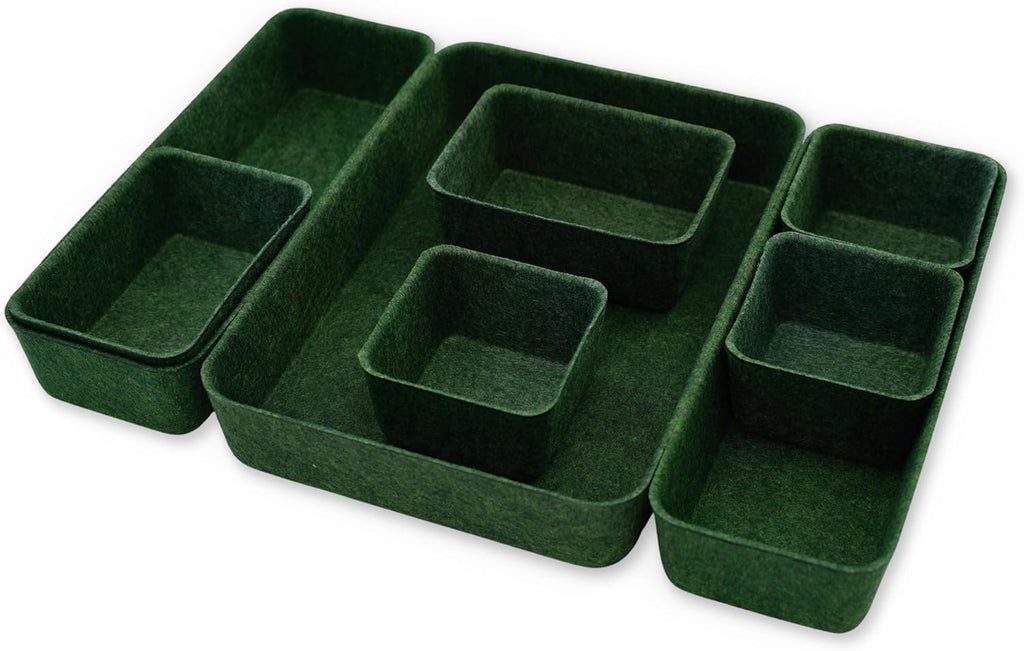 Welaxy Desk drawer organizer bins shallow trays felt storage desktop box for jewelry watches office supplies makeup small key holder minimalism 8-piece (Forest Green)