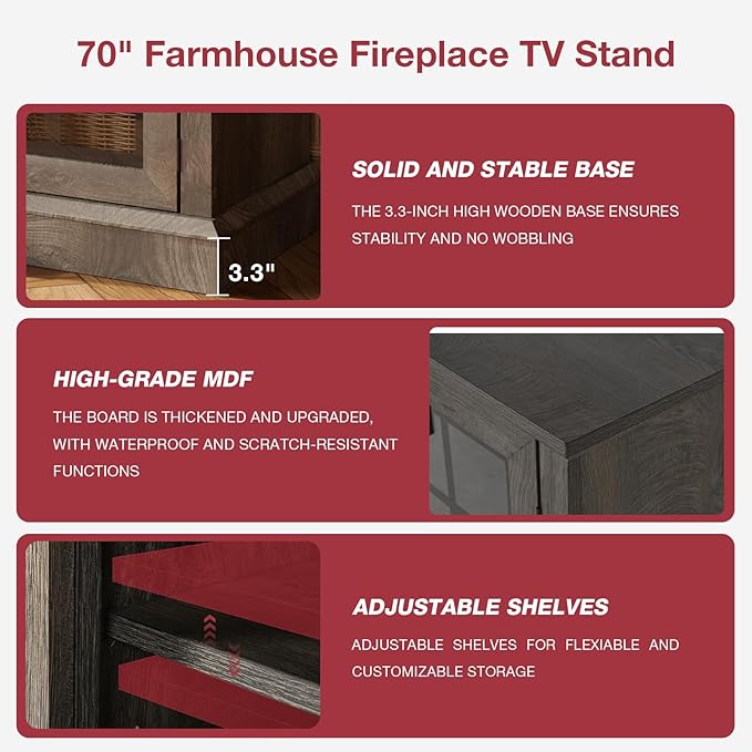 oneinmil 36 Inch 3-Sided Glass Fireplace TV Stand for TVs up to 80", Rustic Media Entertainment Center Console Table with Glass Door Closed Storage, Set of TV Table, Grey