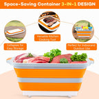Collapsible BBQ Prep Tub with Cutting Board - 7.95 Gal/30L Food-Grade Container - BPA-Free, Space-Saving w/Lid & Drain Hole - for Grilling, Camping, Offset Smoker (Orange)
