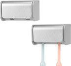 2 PCS Toothbrush Holder Wall Mounted with Cover for Bathroom, 2 Slots Toothbrush Storage Organizer for Shower, Self Adhesive Toothbrush Hanger Rack for Dorm, Cabinet (Brushed Silver)