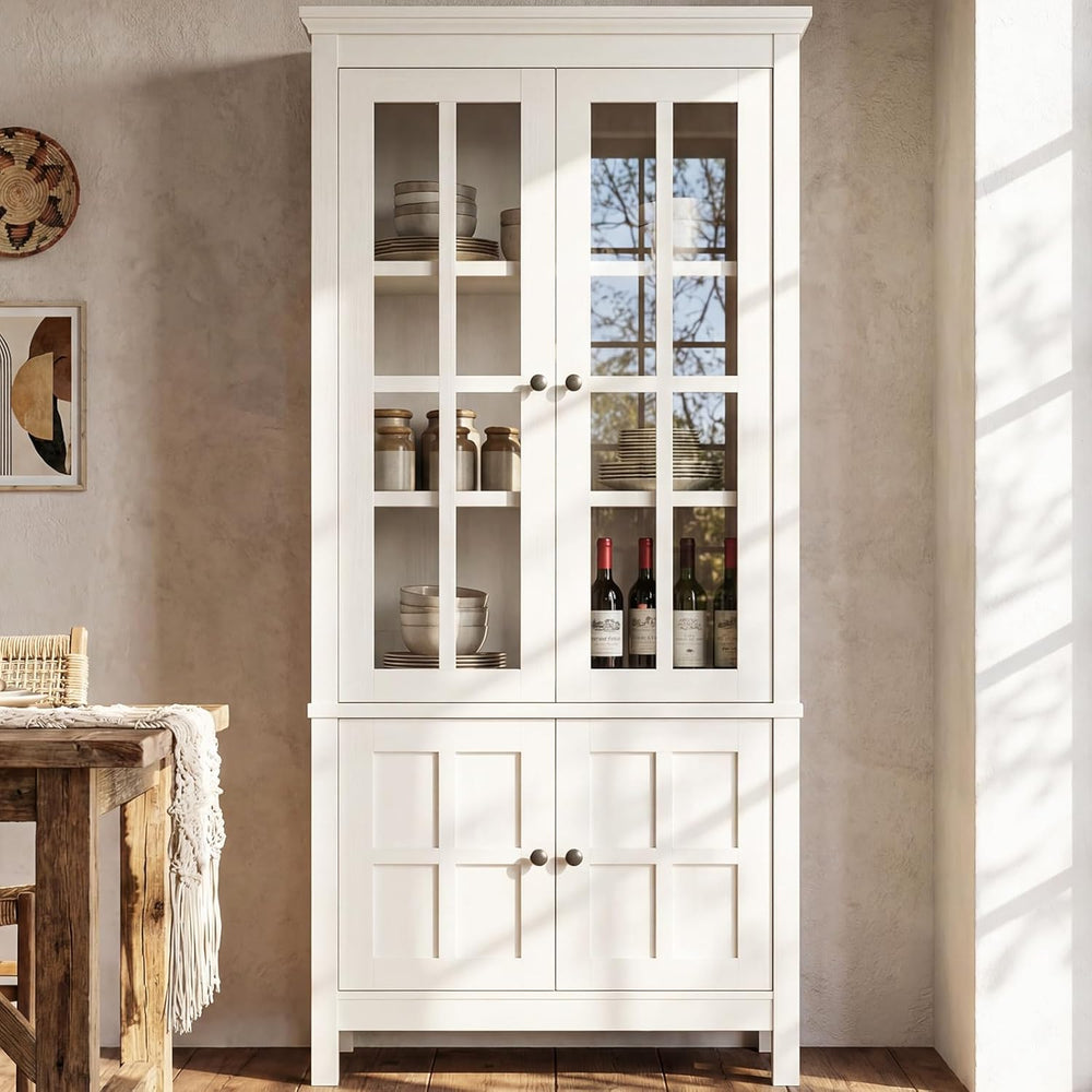 63" Kitchen Pantry Cabinet with Glass Doors & Hidden Storage, Farmho...