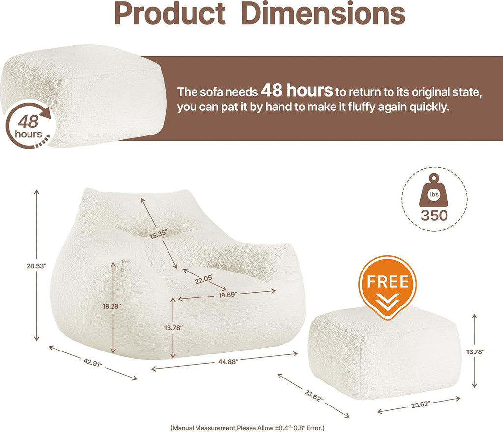 KISLOT Cloud Large Bean Bag Chair with Ottoman for Adults,Ultra Soft Bean Bag with Armrests,Stuffed BeanBag Chair for Napping, Gaming,Vacuum-Compressed for Easy Gifting,48 Hours to Fluffs Up,Beige
