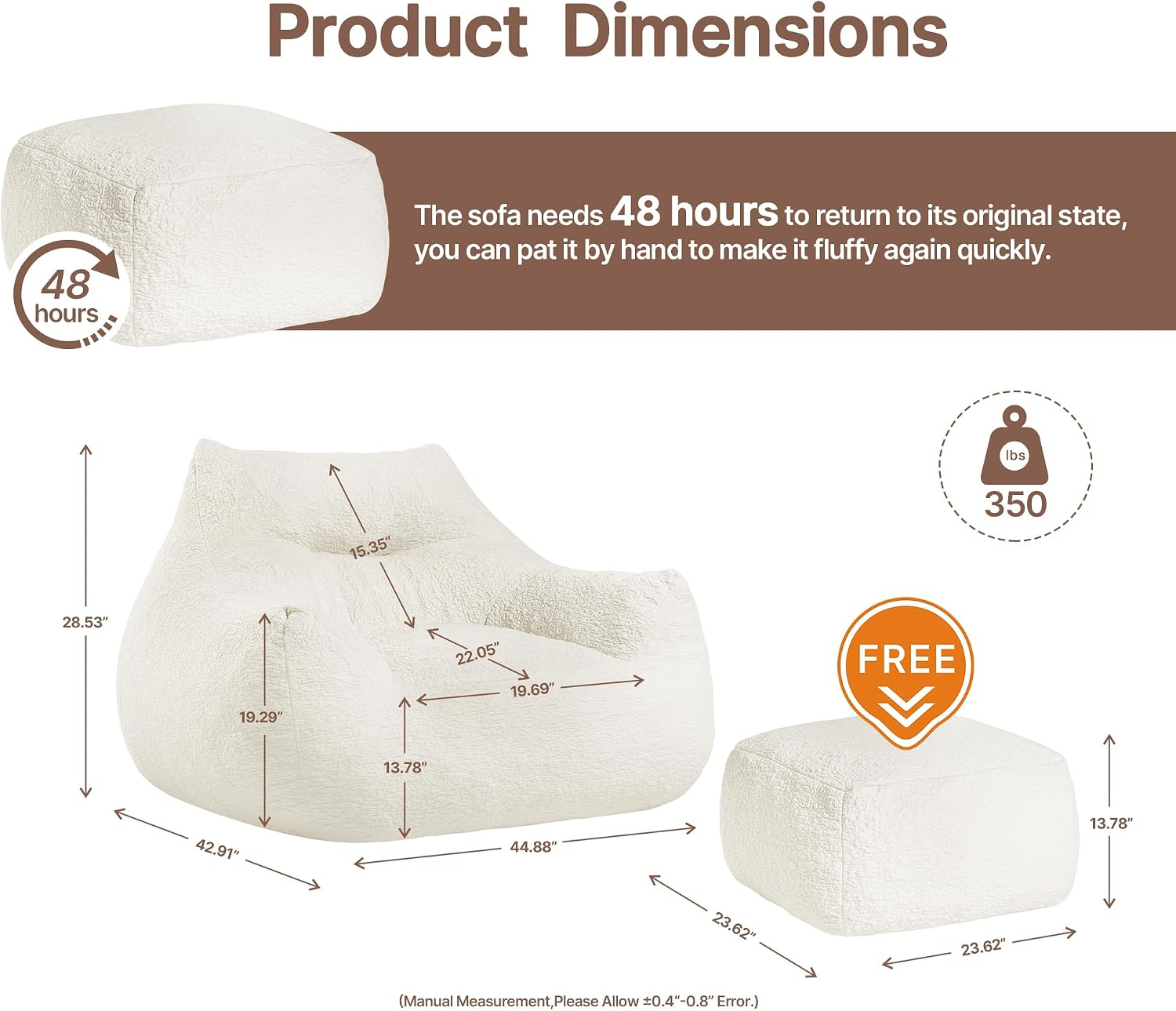 KISLOT Cloud Large Bean Bag Chair with Ottoman for Adults,Ultra Soft Bean Bag with Armrests,Stuffed BeanBag Chair for Napping, Gaming,Vacuum-Compressed for Easy Gifting,48 Hours to Fluffs Up,Beige