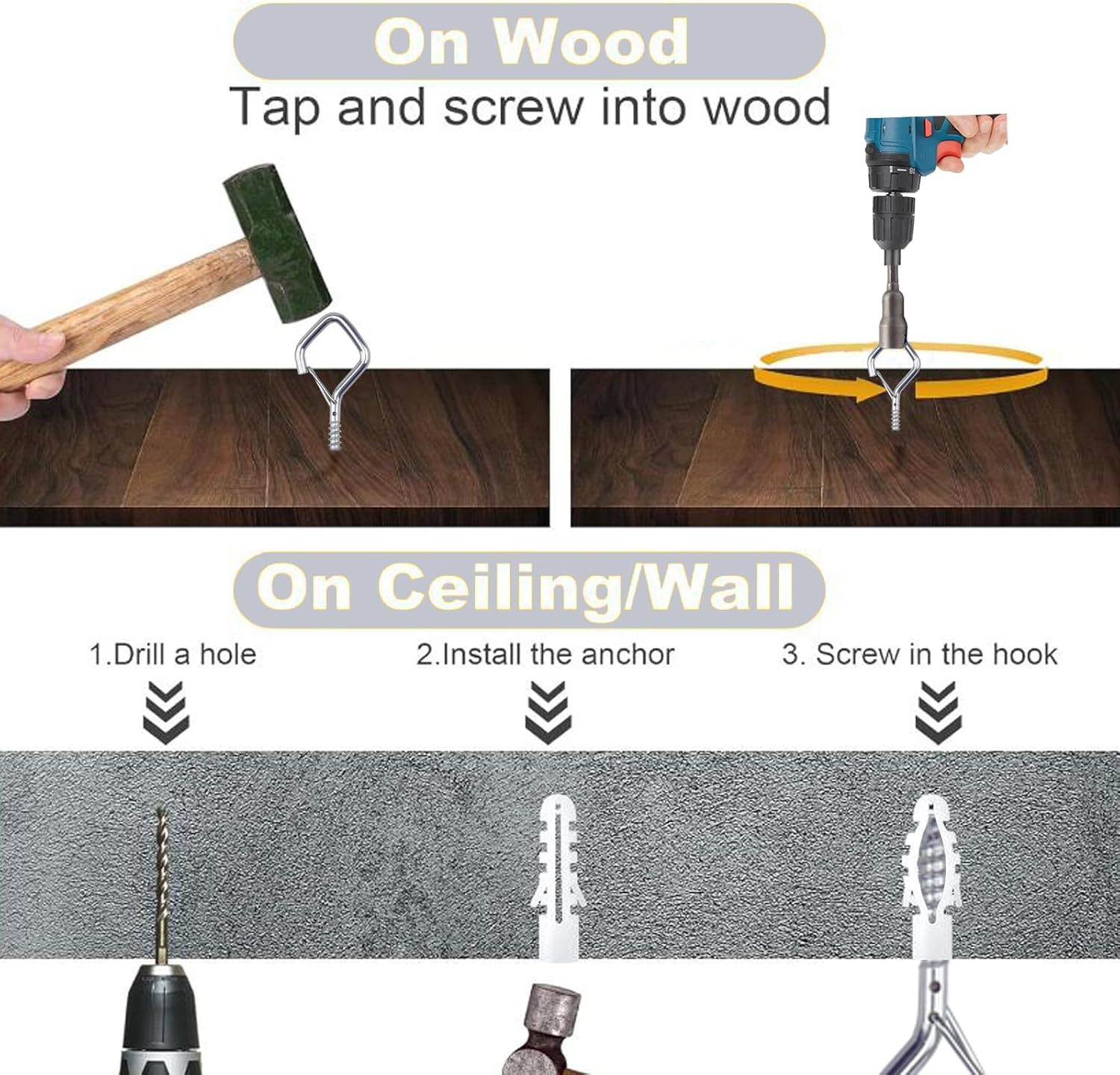 20PCS Eye Screw Hooks for Hanging Heavy Duty with Safety Buckle.Metal Ceiling Hooks for Hanging Plants,Cup,Wind Chime,Bird Feeders,String Lights at Indoor&Outdoor,2.36 Inch(No Drill Bit)