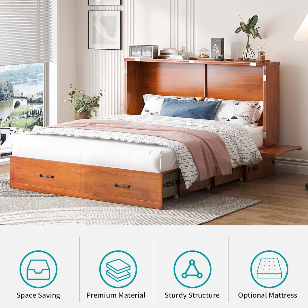 BALUS Queen Murphy Bed with Mattress Included, Chest Murphy Bed -Cherry | Tri-Fold Mattress, USB Charing Station, Spacious Drawer, Space Saving, Queen Bed Frame