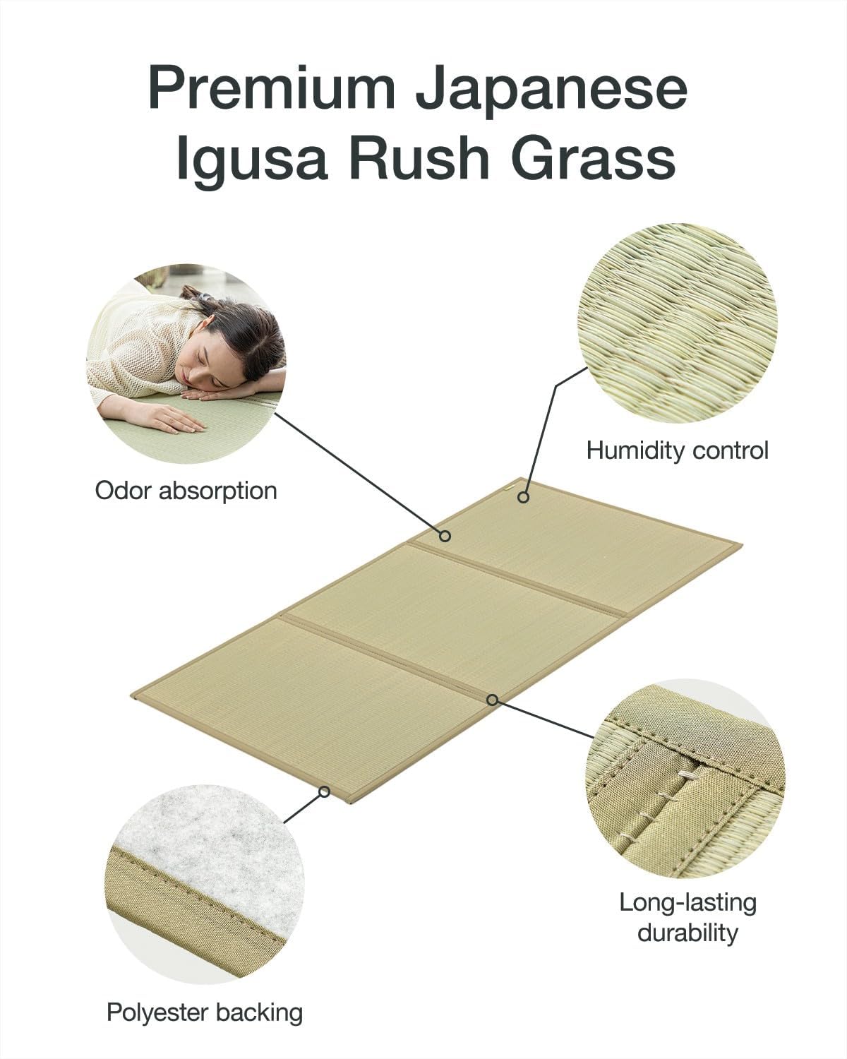 FULI Japanese Tatami Mattress, Foldable Igusa Rush Grass, Natural, Twin XL | Tatami Rug, Japanese Floor Mattress Mat, Made in Japan, 0.5 in thick, firm woven surface, tri-fold design