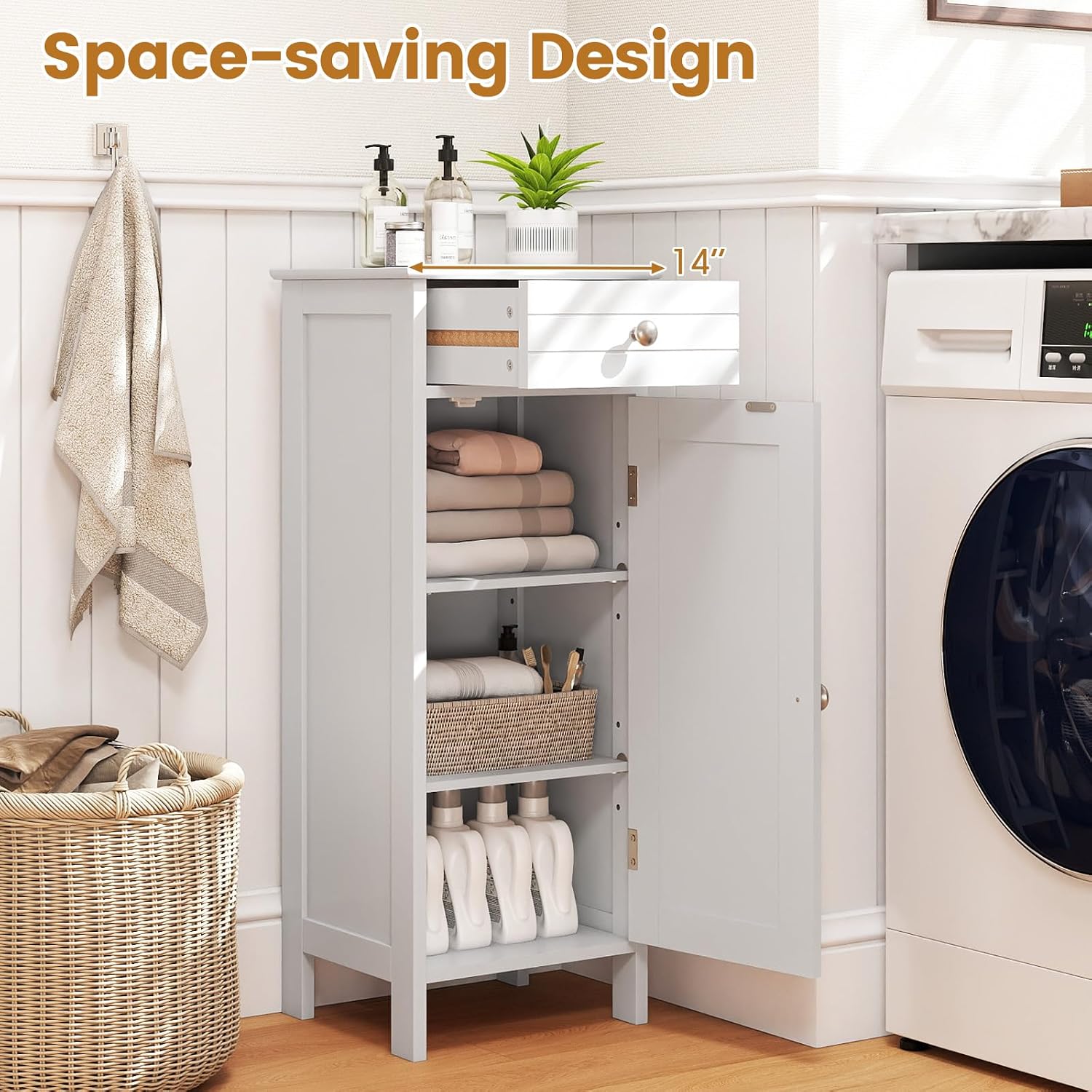 Giantex 34.5" Bathroom Cabinet with Drawer & Single Door (White) | Narrow Side Storage Organizer with 6 Shelf Positions, Freestanding Floor Storage Cabinet for Bathroom, Living Room, Entryway