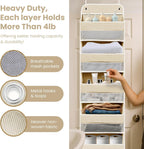 Over The Door Organizer with 8 Side Mesh Pockets, 44lb Weight Capacity Hanging Behind The Door Bathroom Organizers and Storage Suitable for Storing Toys, Shoes, Towels, Lvoy White, 5 Shelf