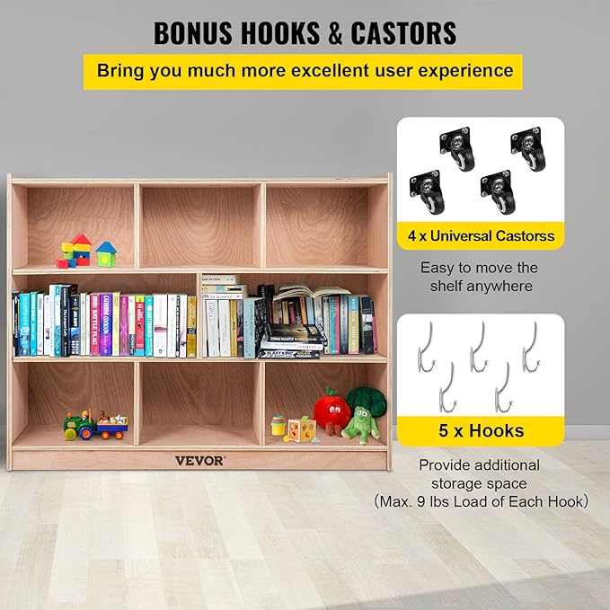 VEVOR Cubby Mobile Tray Storage Cabinet, 8-Compartment Cubby Storage Shelf, Cubby Storage Cabinet 3-Shelf, Classroom Cubbies, Classroom Furniture for Home, Daycare and Preschool, Natural