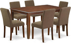 East West Furniture DUAB7-MAH-18 7 Piece Dining Room Table Set Consist of a Rectangle Kitchen Table and 6 Coffee Linen Fabric Parson Dining Chairs, 36x60 Inch, Mahogany