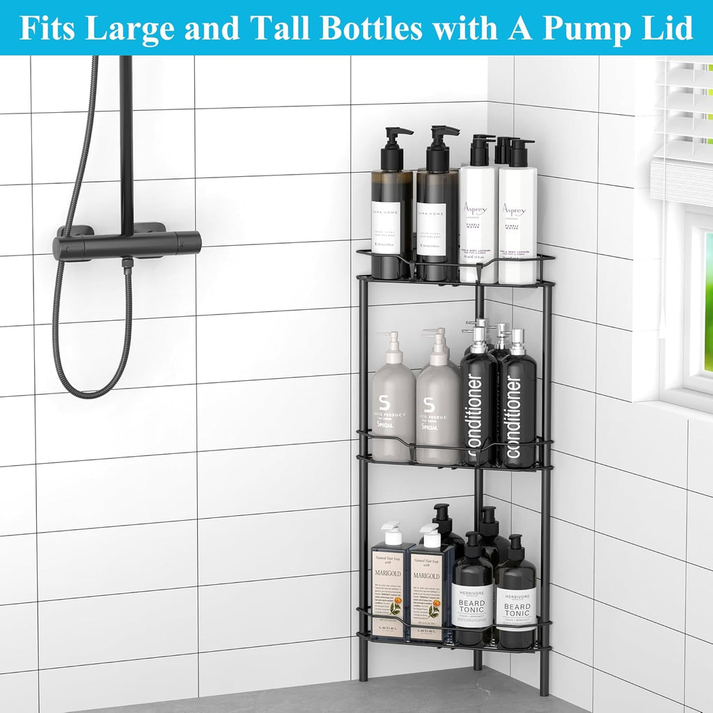 3 Tier Floor Standing Corner Shower Caddy Organizer Shelf with Hooks, Bathroom Shelves Stand Rack, Black