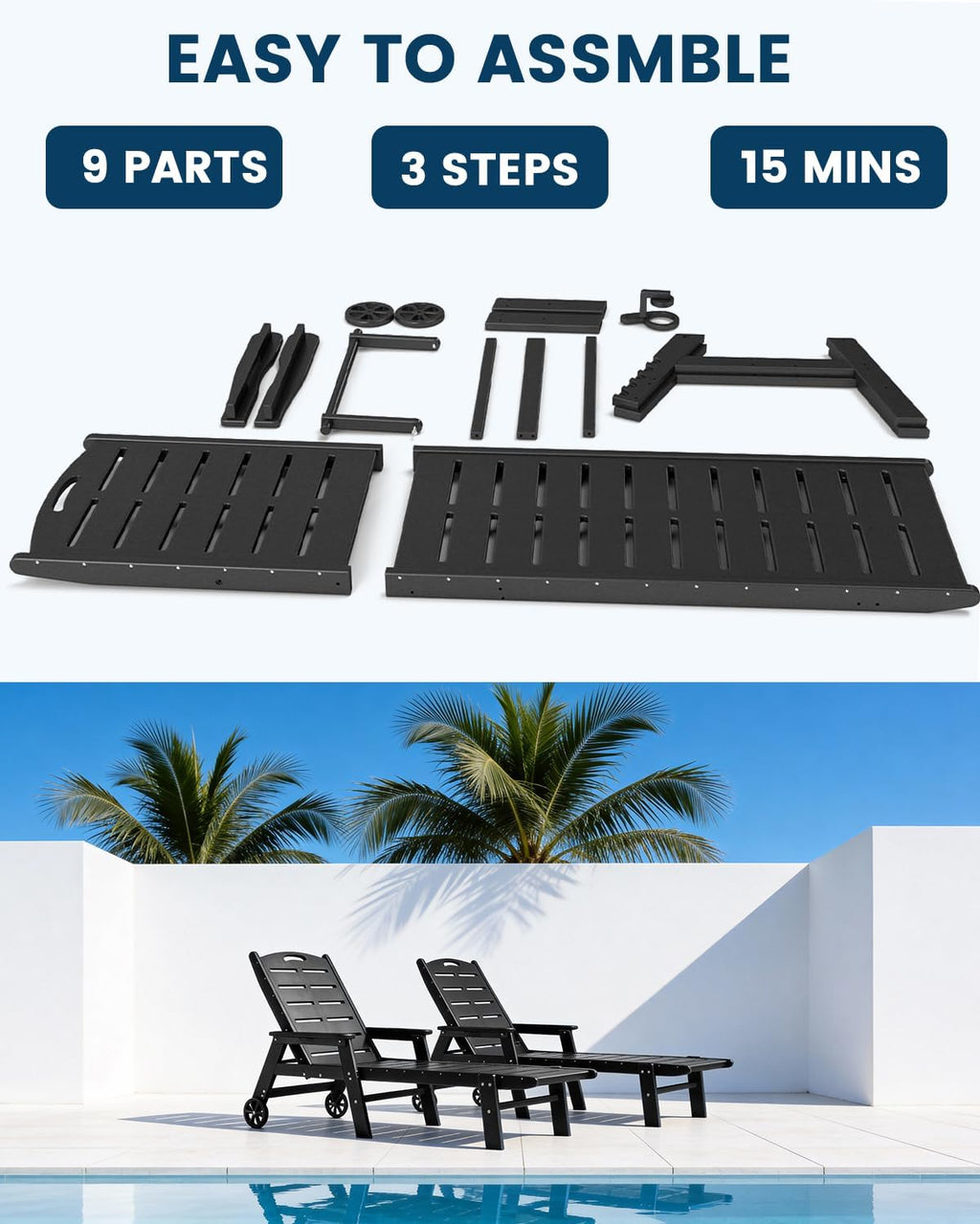 FOOWIN Chaise Lounge Chair Set of 2, HDPE Lounge Chair Outdoor with 5 Positions, Oversized Pool Lounge Chairs with Rolling Wheels & Cup Holder for Poolside Deck Backyard, Black