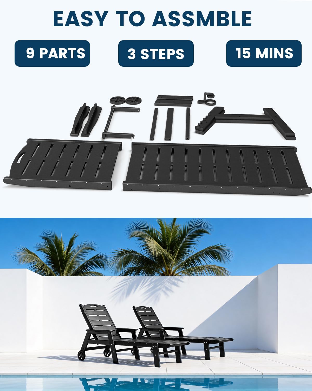 FOOWIN Chaise Lounge Chair Set of 2, HDPE Lounge Chair Outdoor with 5 Positions, Oversized Pool Lounge Chairs with Rolling Wheels & Cup Holder for Poolside Deck Backyard, Black