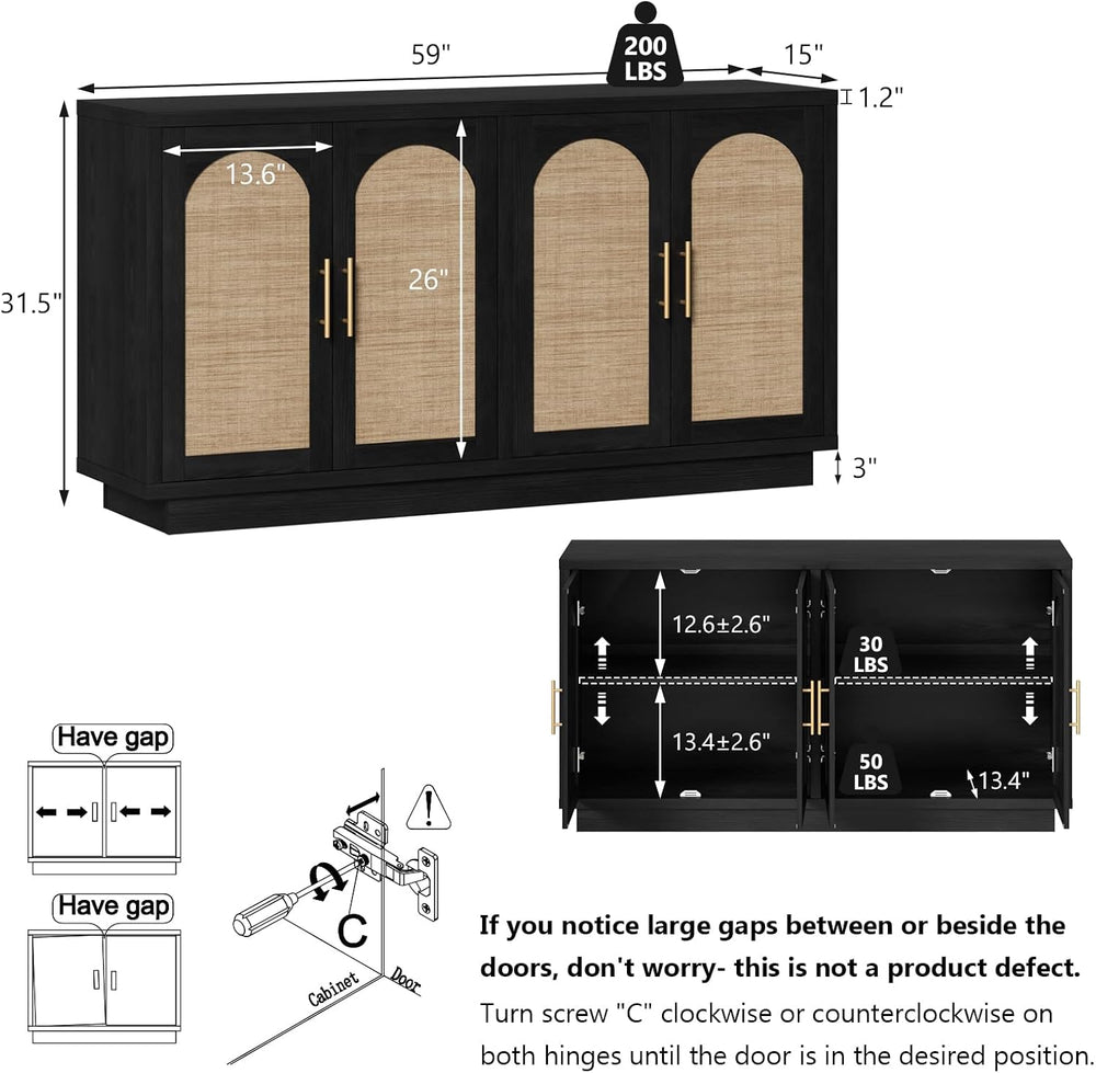 59" Rattan Sideboard Buffet Cabinet with Storage, 4 Arched Doors