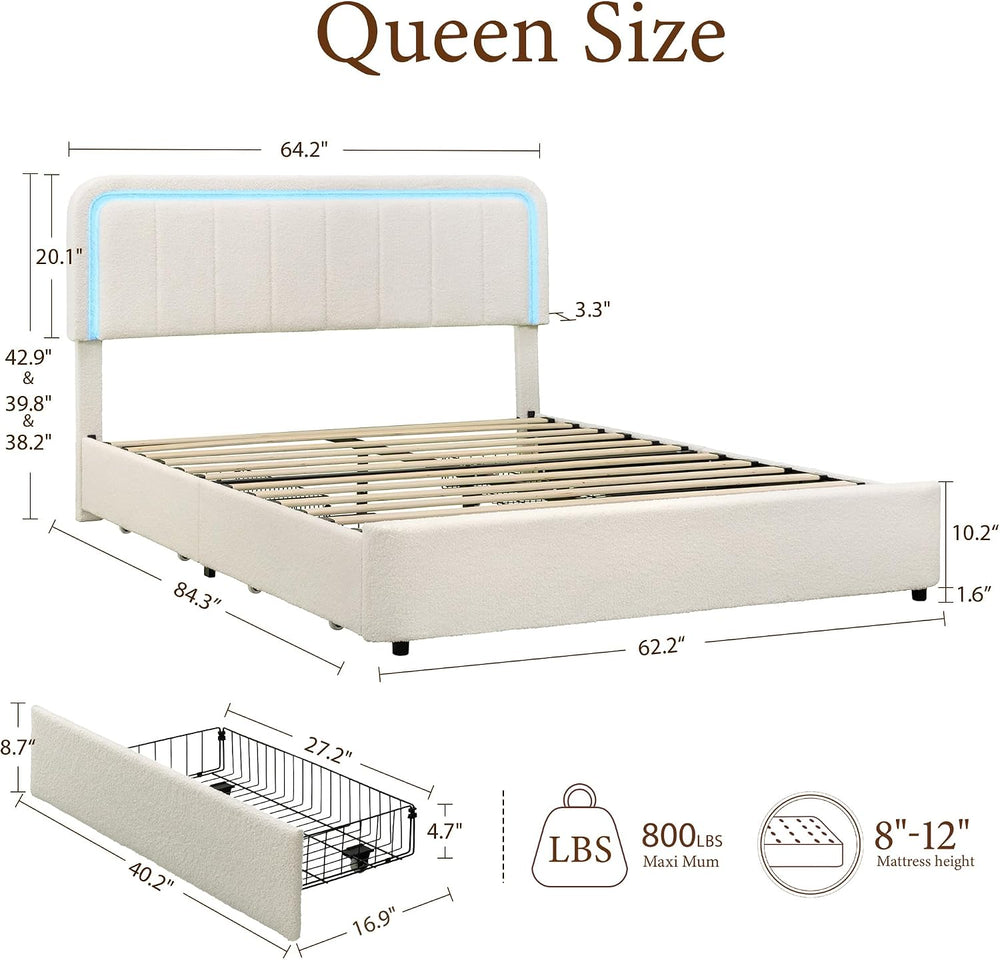 Yechen Cloud Queen Bed Frame with Storage, 4 Drawers, Boucle Upholstered